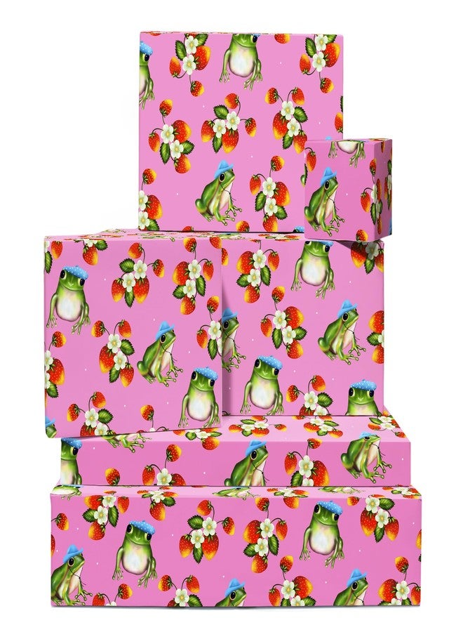 CENTRAL 23 - Pink Wrapping Paper - 6 Birthday Gift Wrap Sheets - For Women Girls Female - Frogs and Strawberries - Recyclable - Image 1